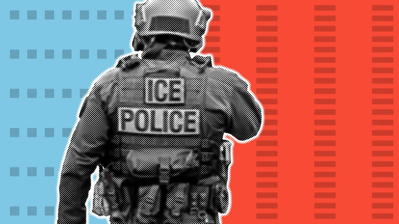 A halftone illustration shows the back of an officer's vest reading ICE POLICE over a split blue-and-red field.