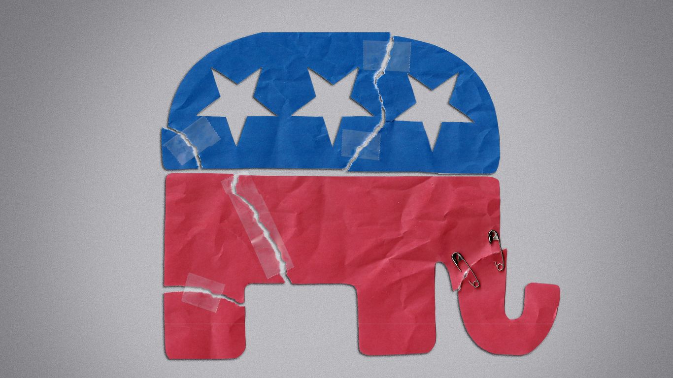 A torn paper Republican elephant symbol is patched with clear tape and safety pins.