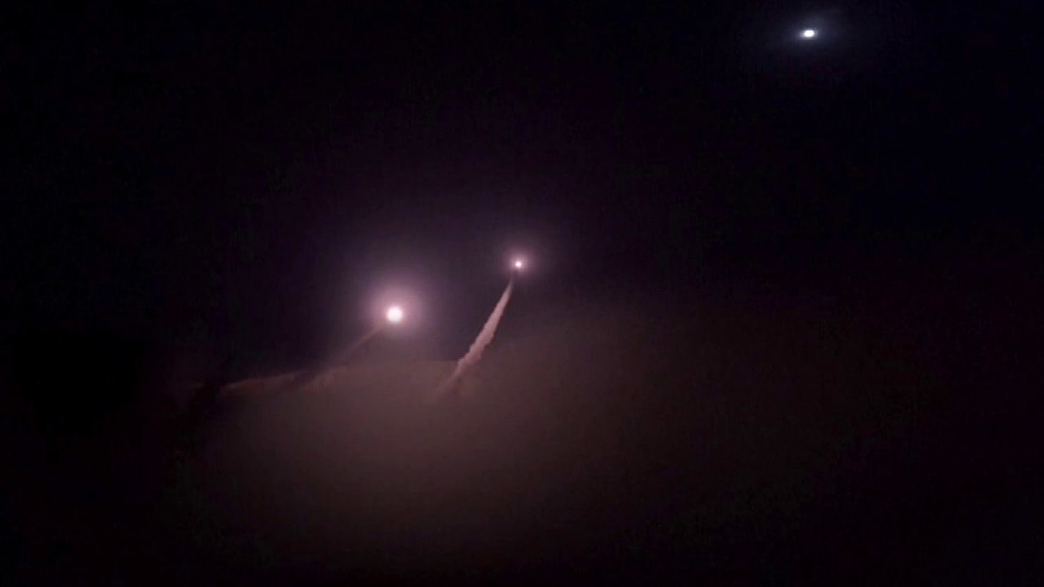 Two bright projectiles leave smoke trails across a dark night sky beneath another distant light.